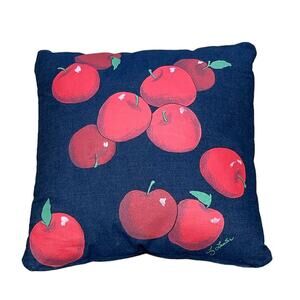 Decorative Handpainted Square Denim Blue Red Apple Pillow by Artist Liz Lauter